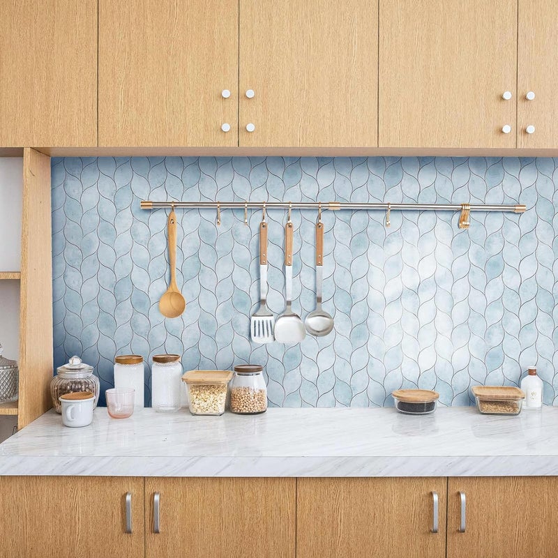 Tilingview 10-Sheet Peel and Stick Backsplash Tile for Kitchen, Self-Adhesive Mosaic Glossy Leaf Stick on Wall Tile with Gaps (Pastel Blue) - Image 3